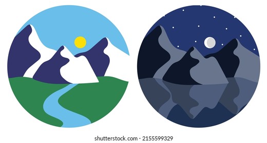 Day and night mountains. Vector icons. Set of colorful signs. Natural landscape. Flat illustration. 