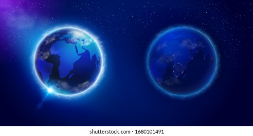 Day and night on planet Earth viewed from space. Used in science, advertising, teaching media. Realistic file.