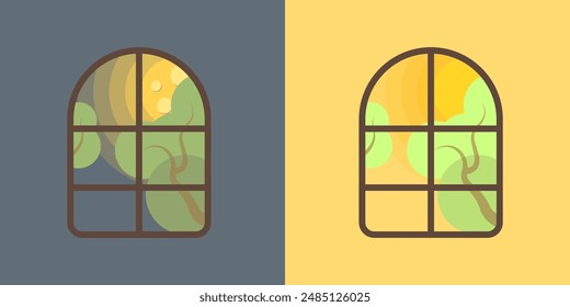Día y noche fuera de la ventana iconos vectoriales. Ventanas con Vector horizontal. Conjunto de iconos de ventanas simples. Dos ventanas de Vector diurno y nocturno