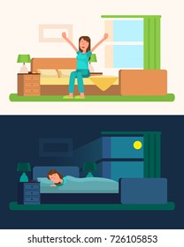 Day And Night Pictures With Girl On Them, Stretching At First Image And Trying To Fall Asleep On Second, In Her Own Room Vector Illustration