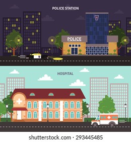 Day Night Police Station And Hospital City Building Street View Flat Banners Set Abstract Isolated Vector Illustration