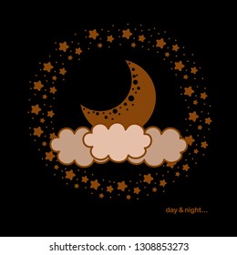 Day & night poster with moon, clouds and stars on black background. Beautiful illustration for your design project.