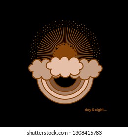 Day & night poster with sun, clouds and rainbow. Beautiful illustration for your design project.