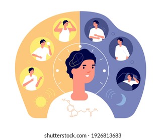 Day night rhythm. Natural sleep, schedule day night. Melatonin sleeping people, morning evening activity. Healthy life balance cycle utter vector concept