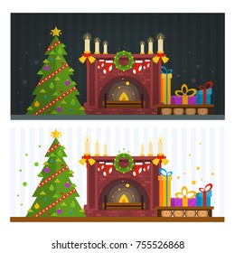 Day and night scenes. Fireplace and fir tree with gifts, Christmas and New Year holidays. Home comfort and coziness. Family gathering. Flat design vector illustration.