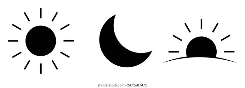 Day and night signs, sun and moon, set of vector images. Vector Illustration.