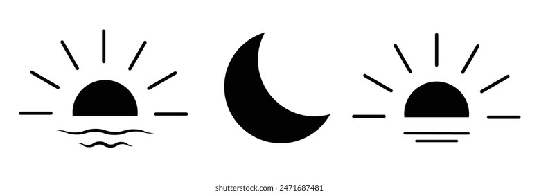 Day and night signs, sun and moon, set of vector images. Vector Illustration.