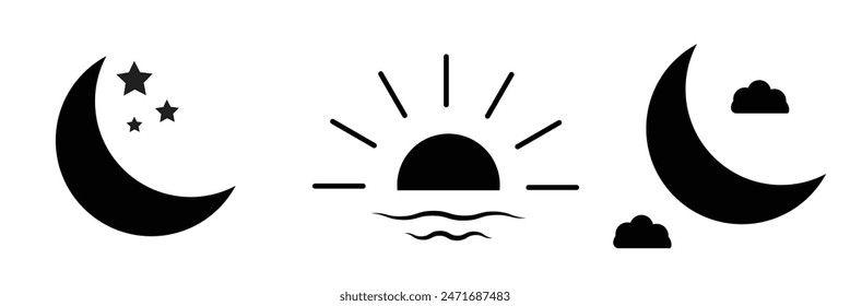 Day and night signs, sun and moon, set of vector images. Vector Illustration.