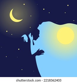 Day and night. Silhouettes of a man and a woman. Love, romance. Vector illustration