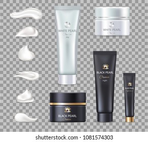 Day and night skin creams with moisturizers. Black or white pearl skincare cosmetics. Lotions of high quality in tubes isolated vector illustrations.