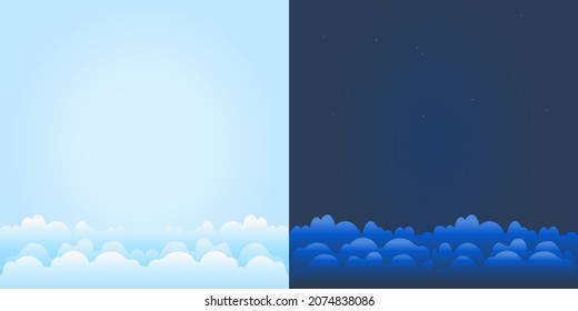 Day and night sky firmament with clouds. Sunny and nighttime heaven. Day and night time concept. Weather forecast background. Backdrop for poster or banners with copy space. Stock vector illustration