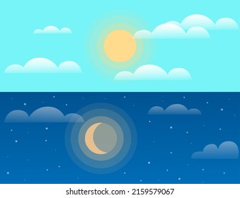 Day and night sky illustration with sun, clouds, moon and stars. Weather and change of light during day horizontal banner with different times of day, dark and light, blue morning and evening