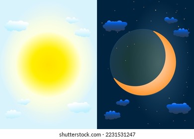 Day and night sky. Sun and moon as vernal or autumnal equinox day concept. Day and night with moon and sun. Earth seasons. Weather forecast background. International Astrology Day. Vector illustration