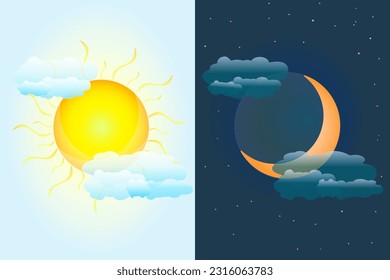 Day and night sky. Sun and moon as vernal or autumnal equinox day concept. Day and night with moon and sun. Earth seasons. Weather forecast background. International Astrology Day. Vector illustration