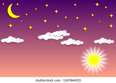 Day and night sky. White clouds, sun, moon and stars. Paper cut style. Vector illustration EPS10
