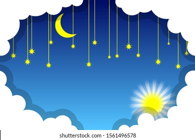 Day and night sky. White clouds, sun, moon and stars on a blue background. Paper cut style. Vector illustration EPS10
