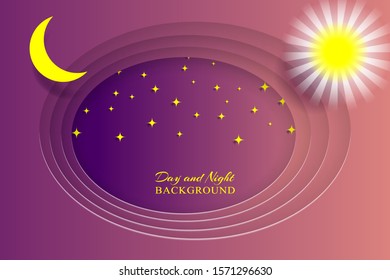 Day and night sky. White clouds, sun, moon and stars. Paper cut style. Vector illustration EPS10