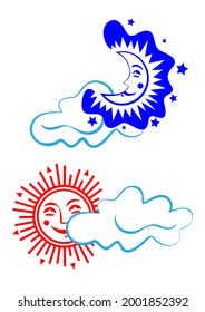 Día y noche: El sol sonriente detrás de la nube y la luna con las estrellas.