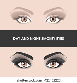 Day and night smokye eyes. Two different types of popular makeup smokey eyes. Brown and black smokey with shading. Evening and day makeup