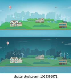Day and Night suburban landscape. Cityscape template with suburban houses. Building architecture, cityscape town. Vector illustration