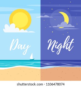 Day And Night Summer Beach Vector Cartoon Illustrations Or Banners. Sun And Moon.
