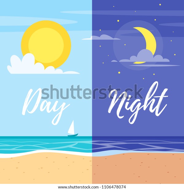 昼と夜の夏のビーチベクターイラストやバナー 太陽と月 のベクター画像素材 ロイヤリティフリー