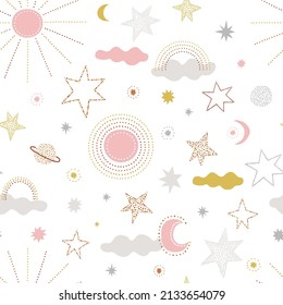 Day Night sun clouds rainbow stars planets crescent gentle vector seamless pattern. Boho baby celestial background. Soft colours childish sky surface design for kids fabric and nursery decor.