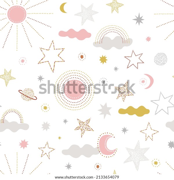 Day Night sun clouds rainbow stars planets\
crescent gentle vector seamless pattern. Boho baby celestial\
background. Soft colours childish sky surface design for kids\
fabric and nursery decor.