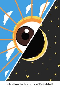 Day and Night Sun and Moon active and sleep vector illustration.