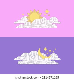 Día y noche. El sol y la luna detrás de las nubes. Ilustración portadora de bebé.