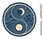 Day and night, sun and moon in clouds, yin and yang symbol, oriental elements, vector