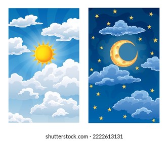 Day and night, sun and moon with clouds. Weather app screen, mobile interface design. Forecast weather background. Time concept vector banner