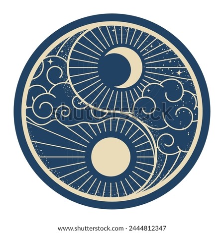 Day and night, sun and moon in clouds, yin and yang symbol, oriental elements, vector