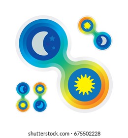 Day and night, sun and moon illustration.
Sand glass or hand spinner icon. 