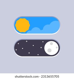 Day and night. Sun and moon. On and Off slider button. Switch interface button. Vector 3d illustration. Flat icon On and Off toggle switch button. Switch toggle button, slider in ON and OFF position