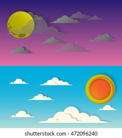 Day and Night, Sun and Moon paper art vector illustration