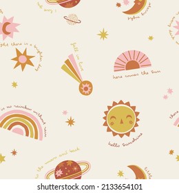 Day Night Sun Moon Rainbow Stars Planet with text vector seamless pattern. Boho Baby Crescent Solar celestial bodies background. Sky objects childish gender neutral print for fabric and nursery decor.