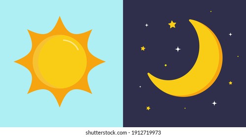 Day and night. Sun on blue background. Moon and stars in midnight. Vector illustration