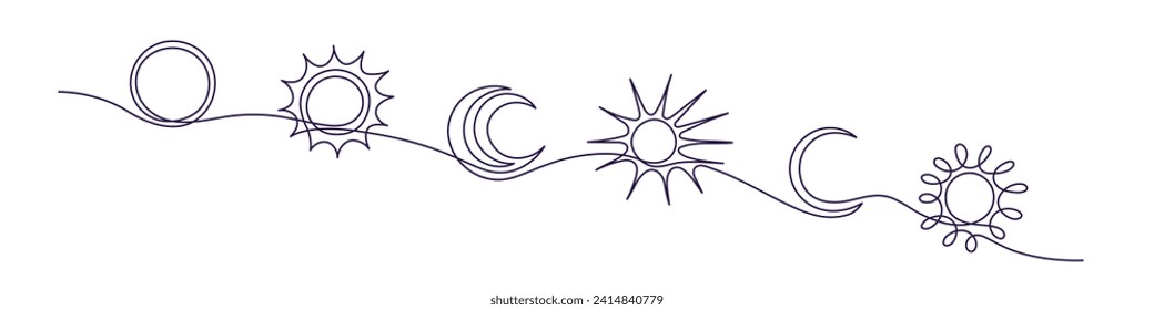 Day, night, sun, quarter of moon. Vector astrology circuit. Linear hand drawn simple illustration. Ultraviolet radiation
