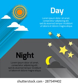 Day and night with sun, stars and moon with long shadows. Vector illustration