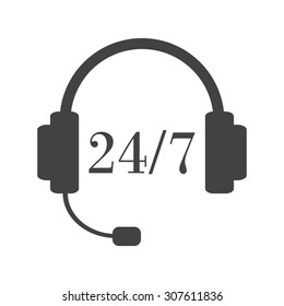Day and night support service. Calling the operator any time. Headset with twenty-four-seven sign. Grey abd white illustration