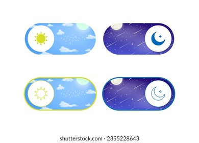 Day and Night Switch Button. Light or Dark Toggle mode theme. Bright Blue Sky and Evening Night Sky with Meteor shower. Sun and Crescent moon icon indicator. Digital Button AM or PM. Vector.