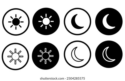 Day and night switch, dark and light modes.  Screen brightness and contrast level control icons. Screen modes icons set.Replaceable vector design