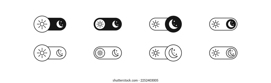 Icono de día, interruptor nocturno. Símbolo de modo oscuro o claro. Conmutar las señales de los botones. Tema sol fuera de los símbolos. Iconos de la interfaz deslizante. Color negro. Signo aislado del vector.