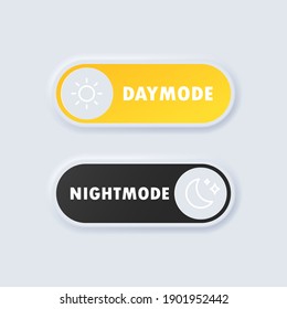 Day night switch. Day Mode and night mode switch button. Minimalist Switch Button in Neumorphism Design. Light and dark theme. On Off Switch. Neumorphic UI UX white user interface web buttons.