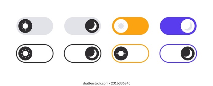 Day night switch toggle. Dark mode, light mode switch. On Off buttons. Vector scalable graphics