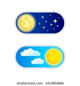 Day and night switcher - web button with night sky and moon and with blue cloudy sky and sun - isolated vector web element