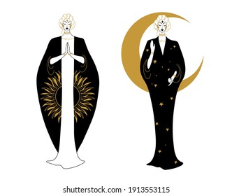 Day and night symbol, Standing women in clothes with sun and moon, hand drawn graphic illustrations. Concept of Oriental horoscope, Chinese mythology, witchcraft boho tattoo isolated on white