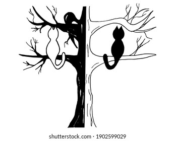 Day and night. Symbolic image of tree with cats. Vector, hand drawn, doodle illustration. Can be used to illustrate of printing productions, web design and video contents