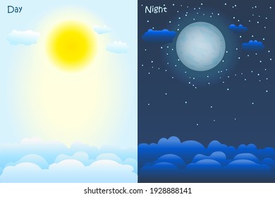 Day and night time concept. Sky background with sun, clouds, moon and stars. Poster or banners for weather forecast broadcasting. Weather app screen, mobile interface design. Stock vector illustration